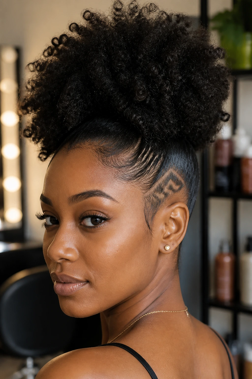 Close-up of a real Black woman with a high puff and a narrow underlayer shaved design visible as the puff lifts