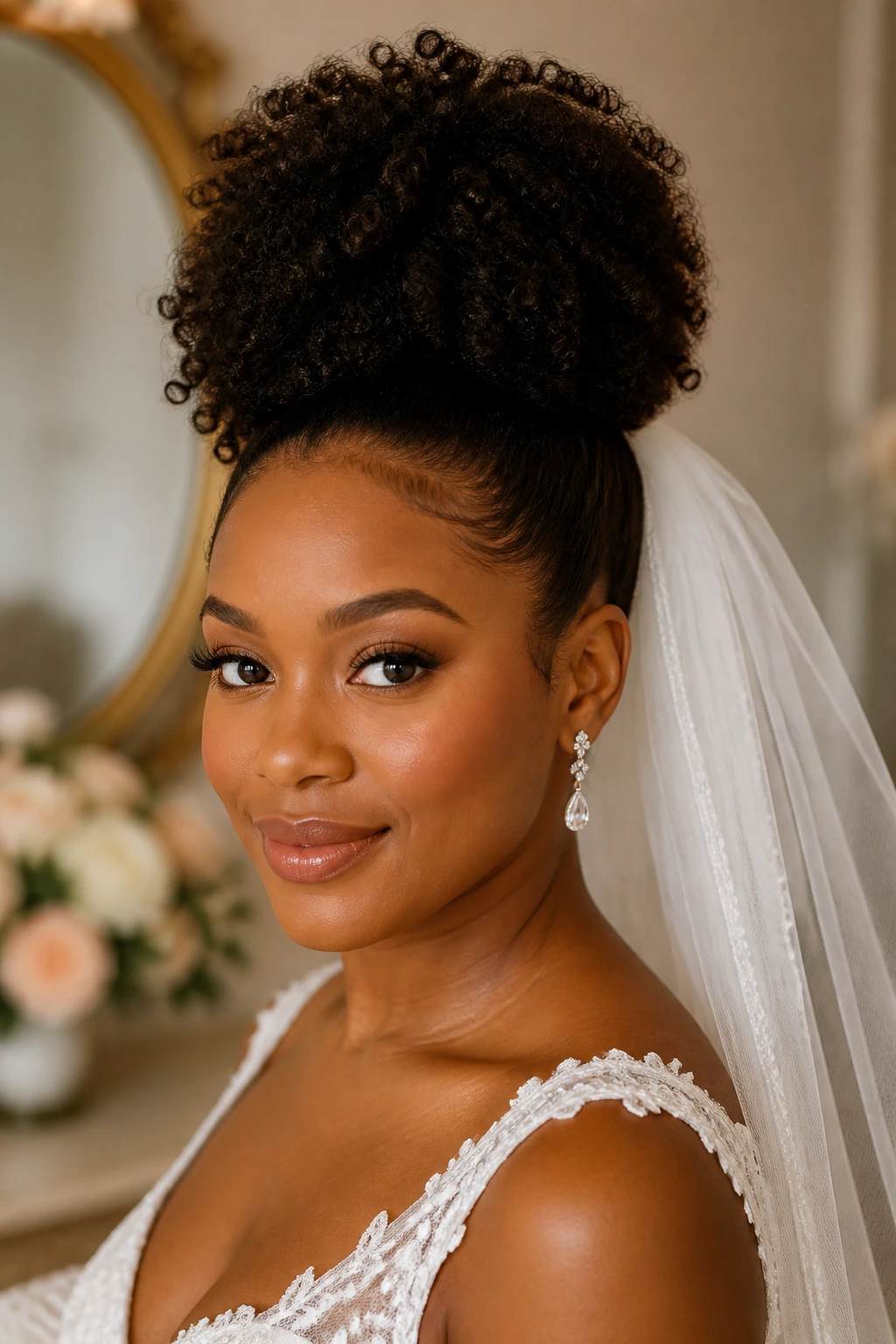 Close-up of real bride with high puff and veil in a bridal room