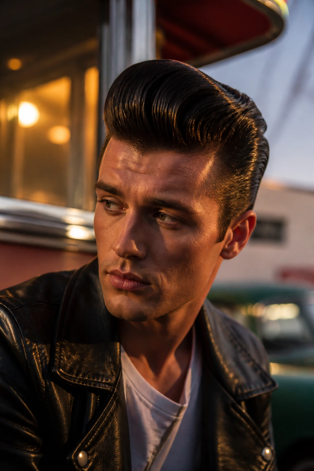 Close-up portrait of a man with a high-shine greaser pomp and retro styling.