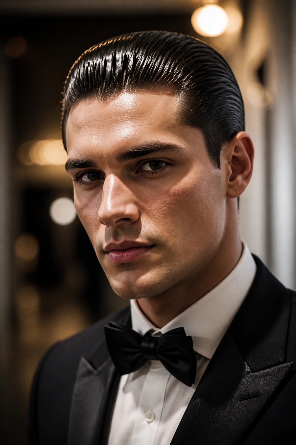 Portrait of a man with high-shine slick back in a tuxedo at a formal venue