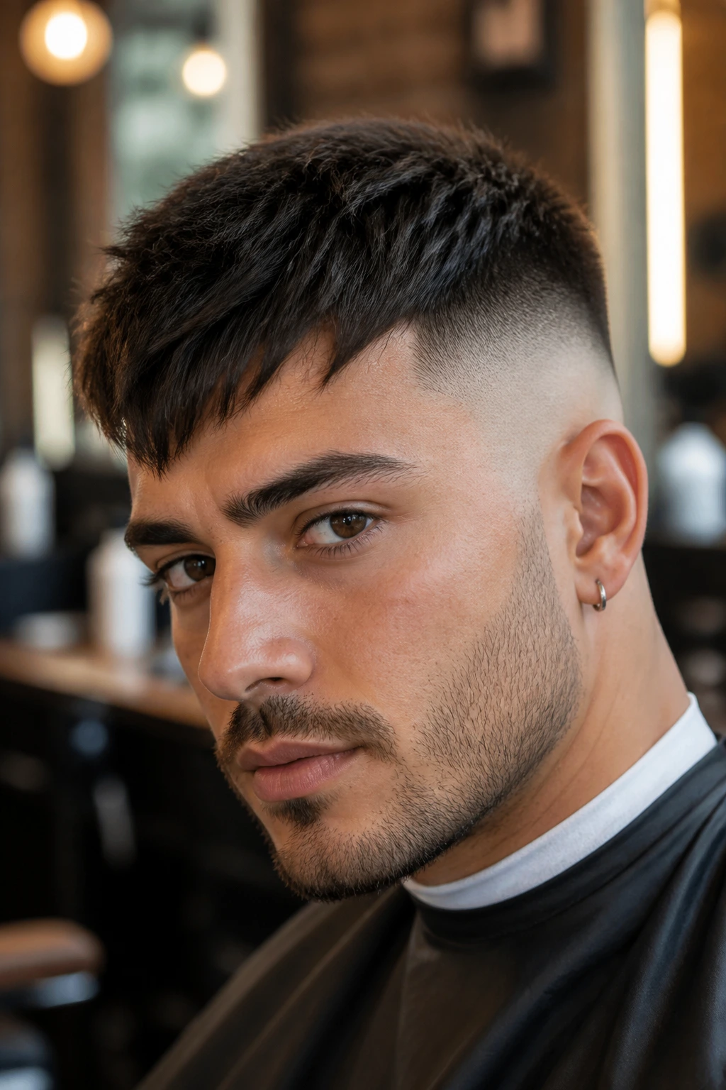 Close-up portrait of man with high skin fade and angular fringe in barber shop lighting