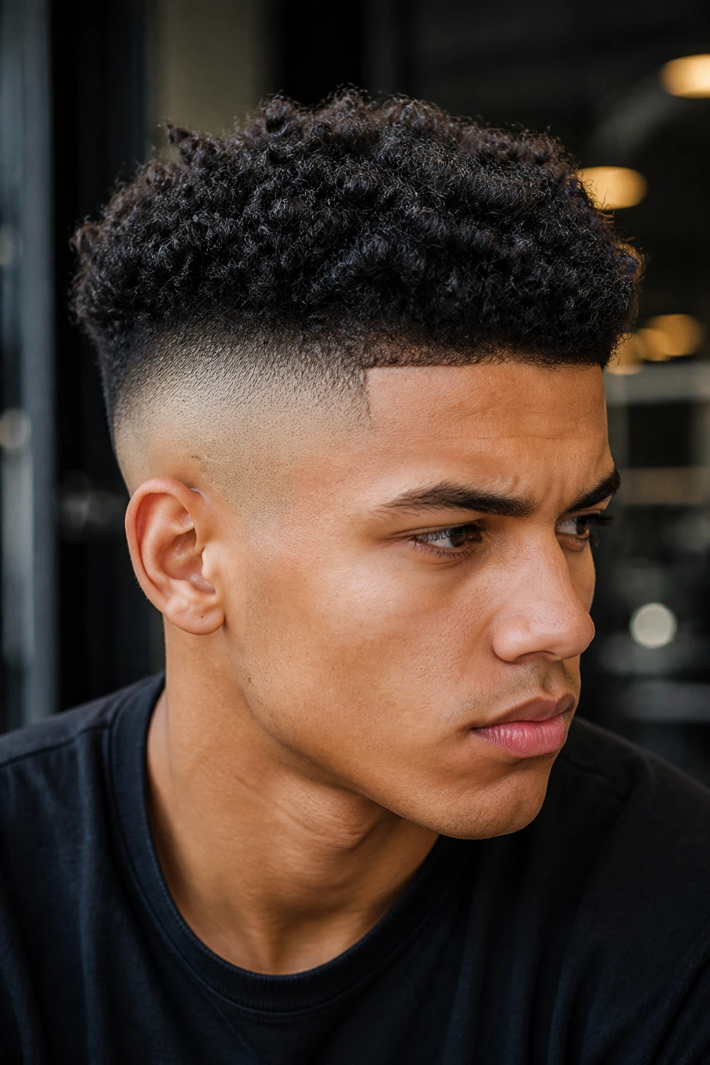 Close-up of a real person with a high skin fade and tight coil top