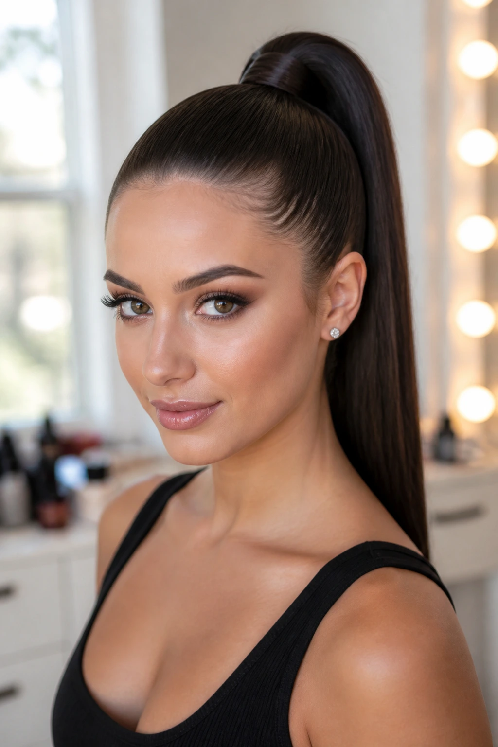 Portrait of a real woman with a high straight ponytail in a bright dressing room
