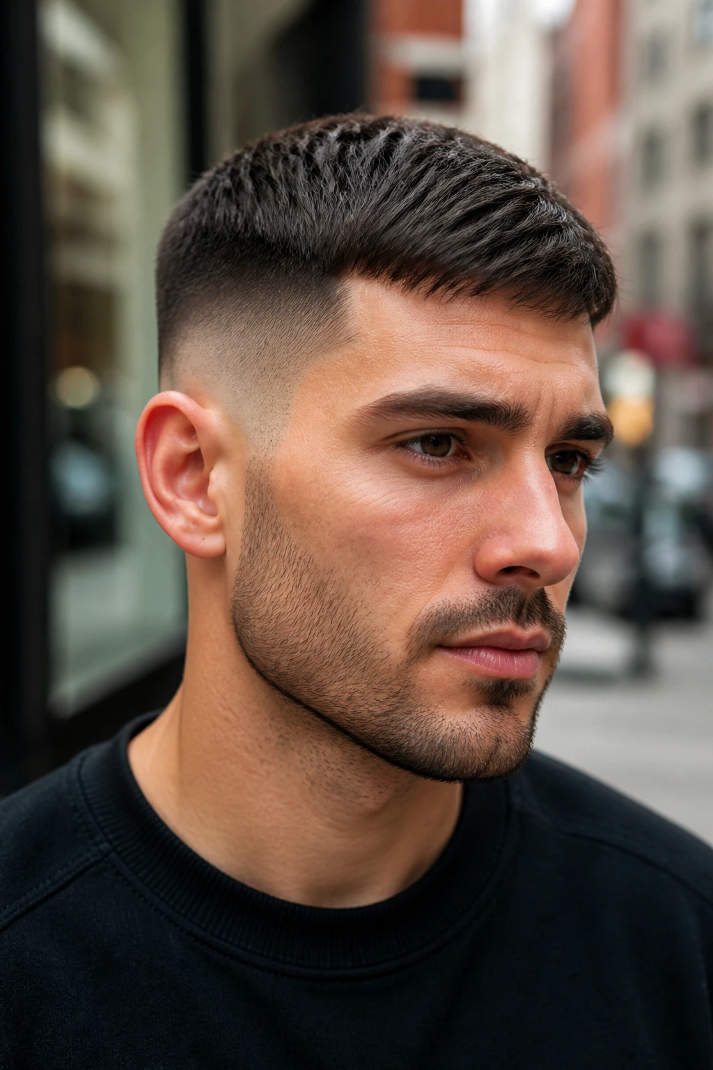 Close-up of a man with a high taper fade and brushed-forward top