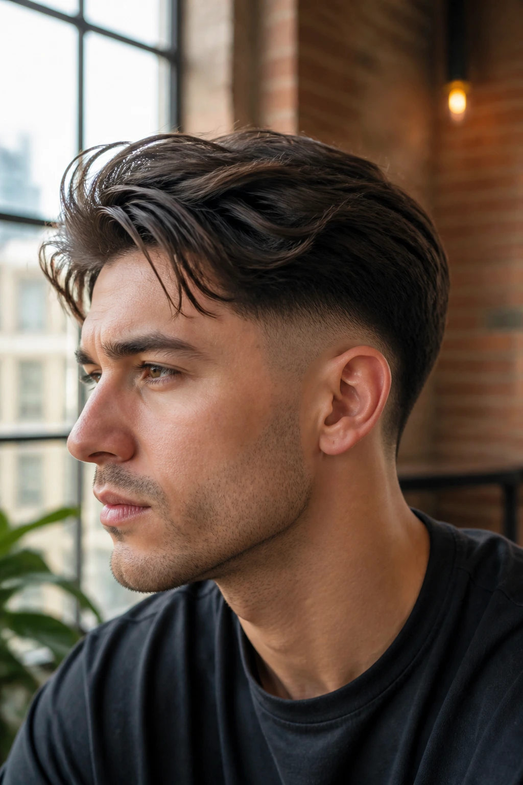Close-up of a man with a high taper and long top layers
