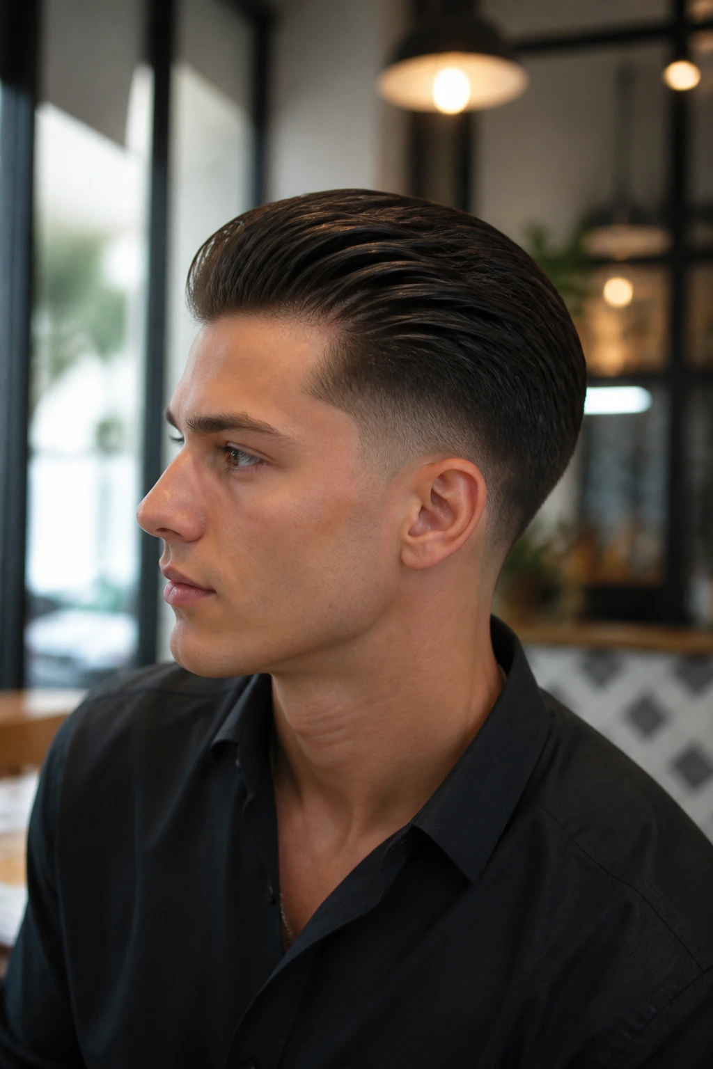 Man with a high taper and slick-back hairstyle.