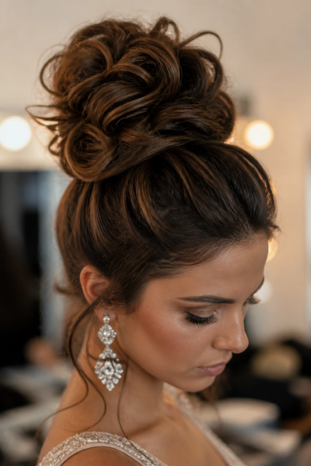 Close-up of a real woman with a high textured bun on the crown