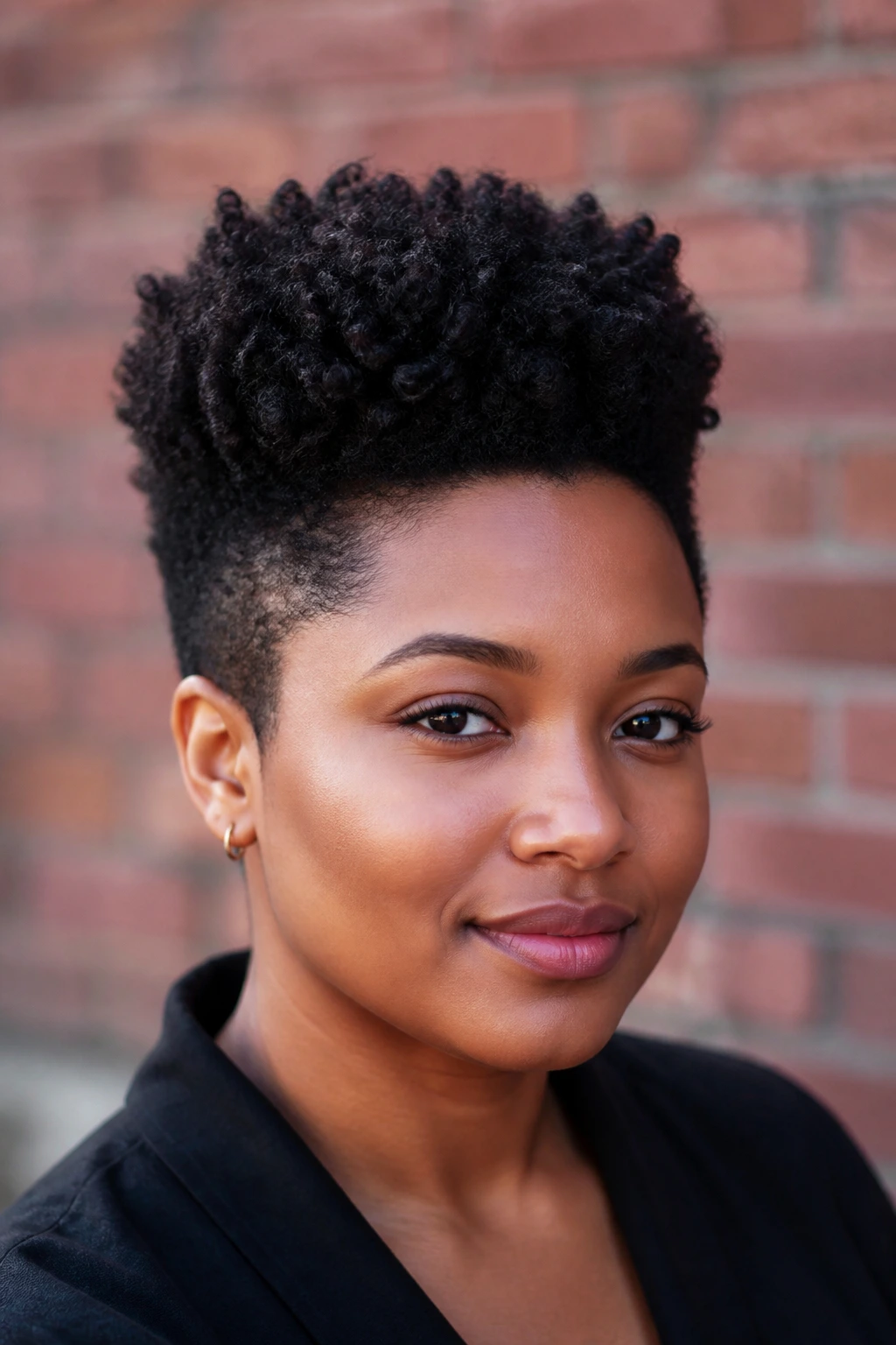 Close-up of a real person wearing a high-top coil crop with a tall crown