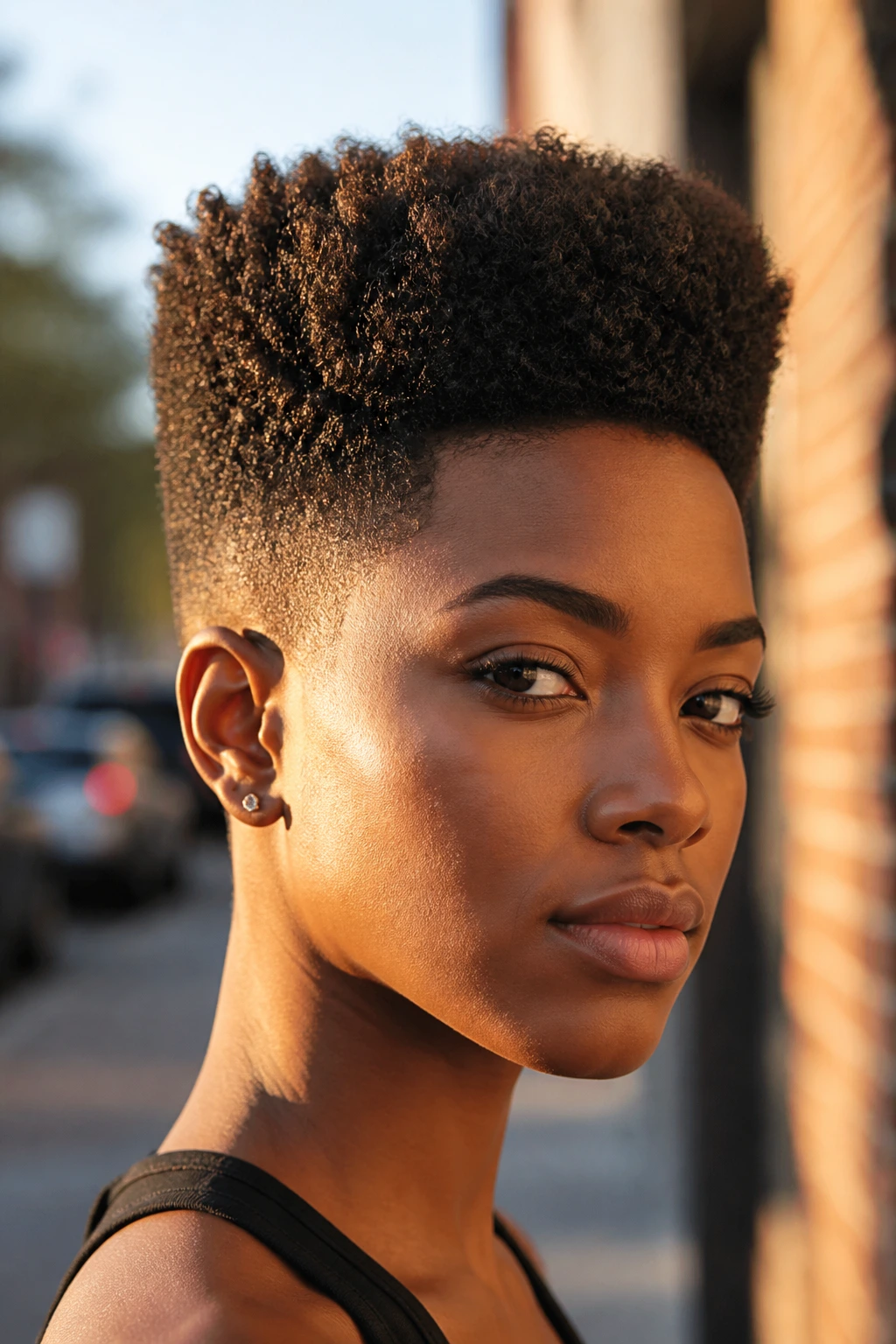 Close-up of a real person with a high-top crop and tight sides in a sunlit outdoor setting