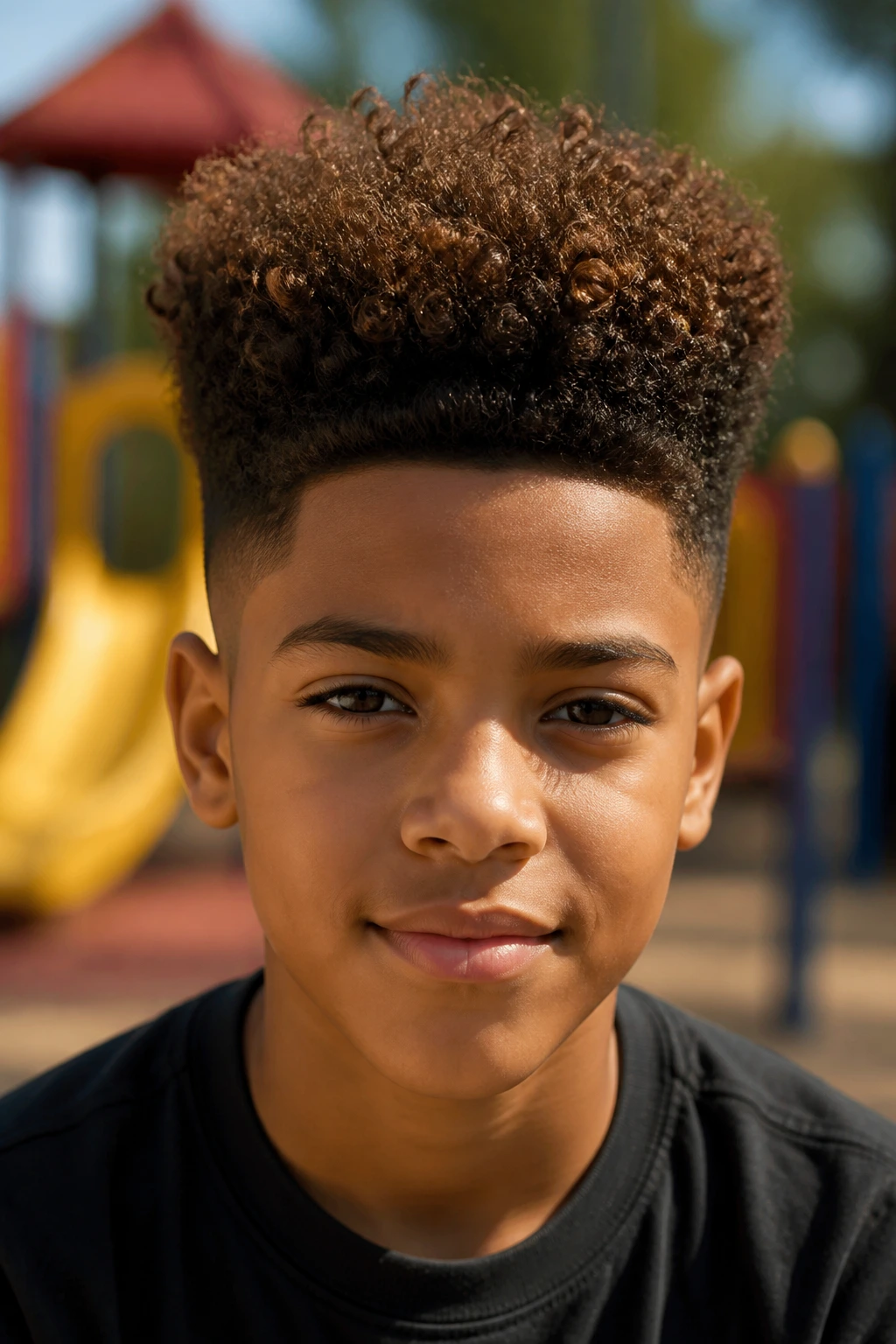 Close-up of a real boy with High-Top Curls in a playground setting