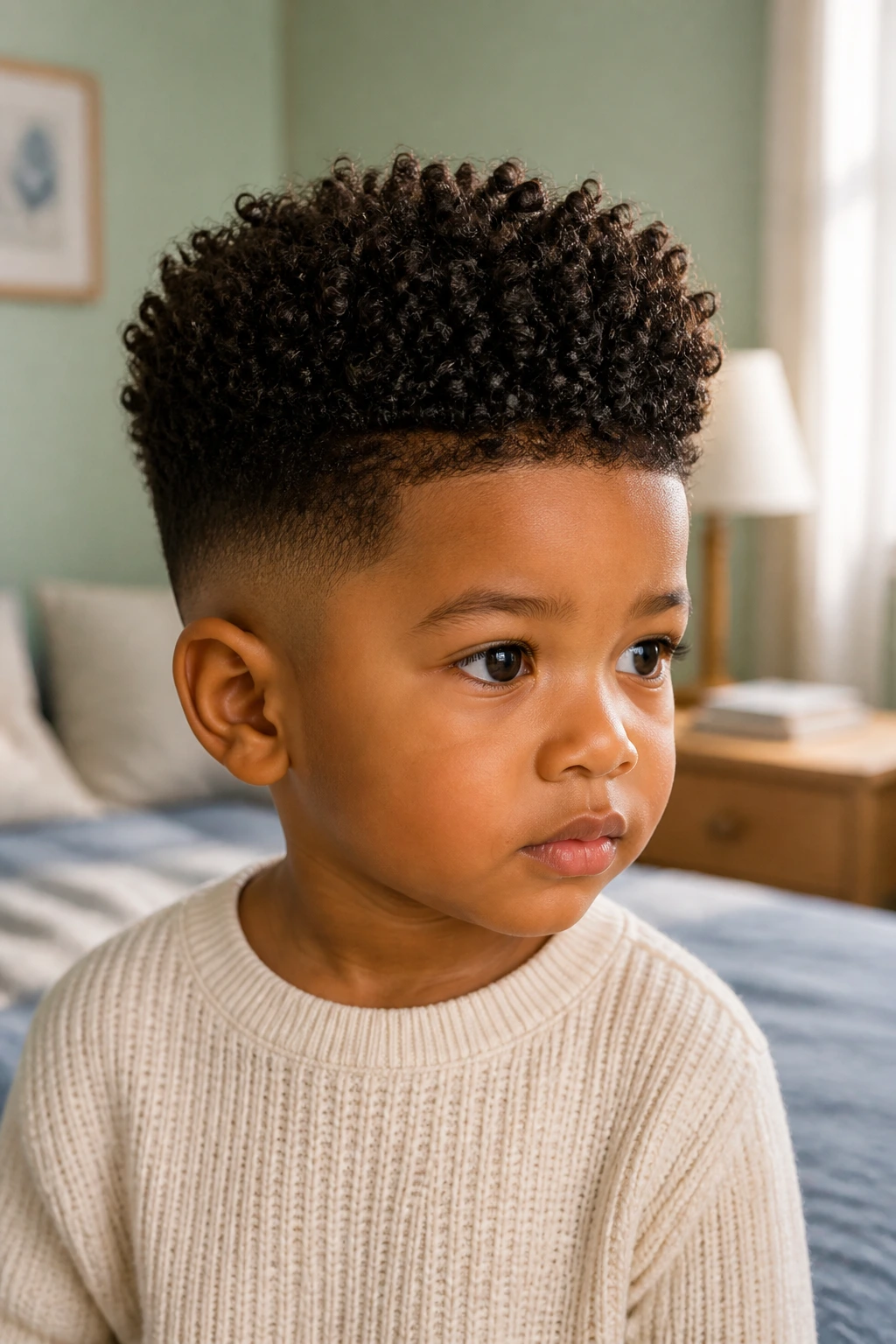 Close-up of a toddler with a high-top curly hairstyle in a cozy bedroom.