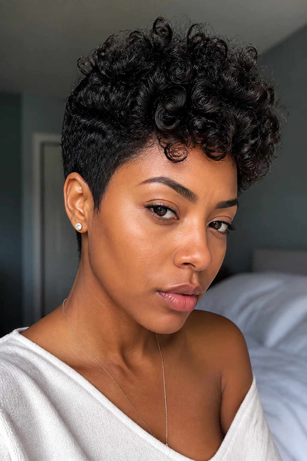 Close-up of a real woman with a high-top curly pixie and voluminous crown