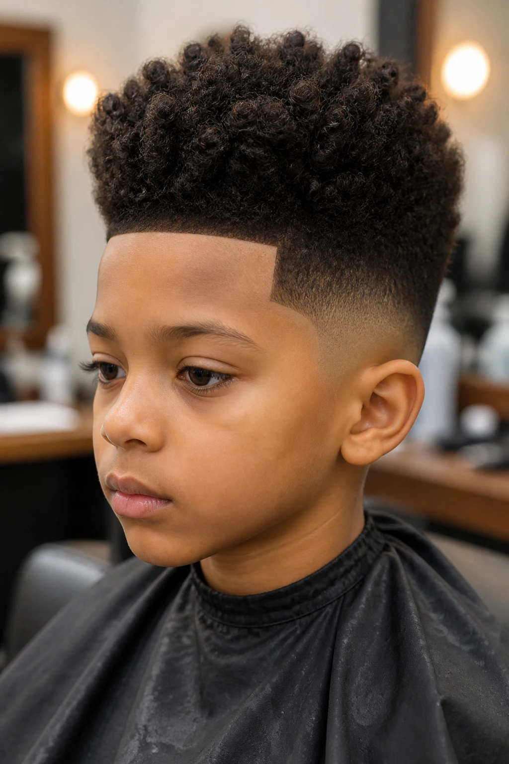 Boy with high-top curly shape-up in a barbershop