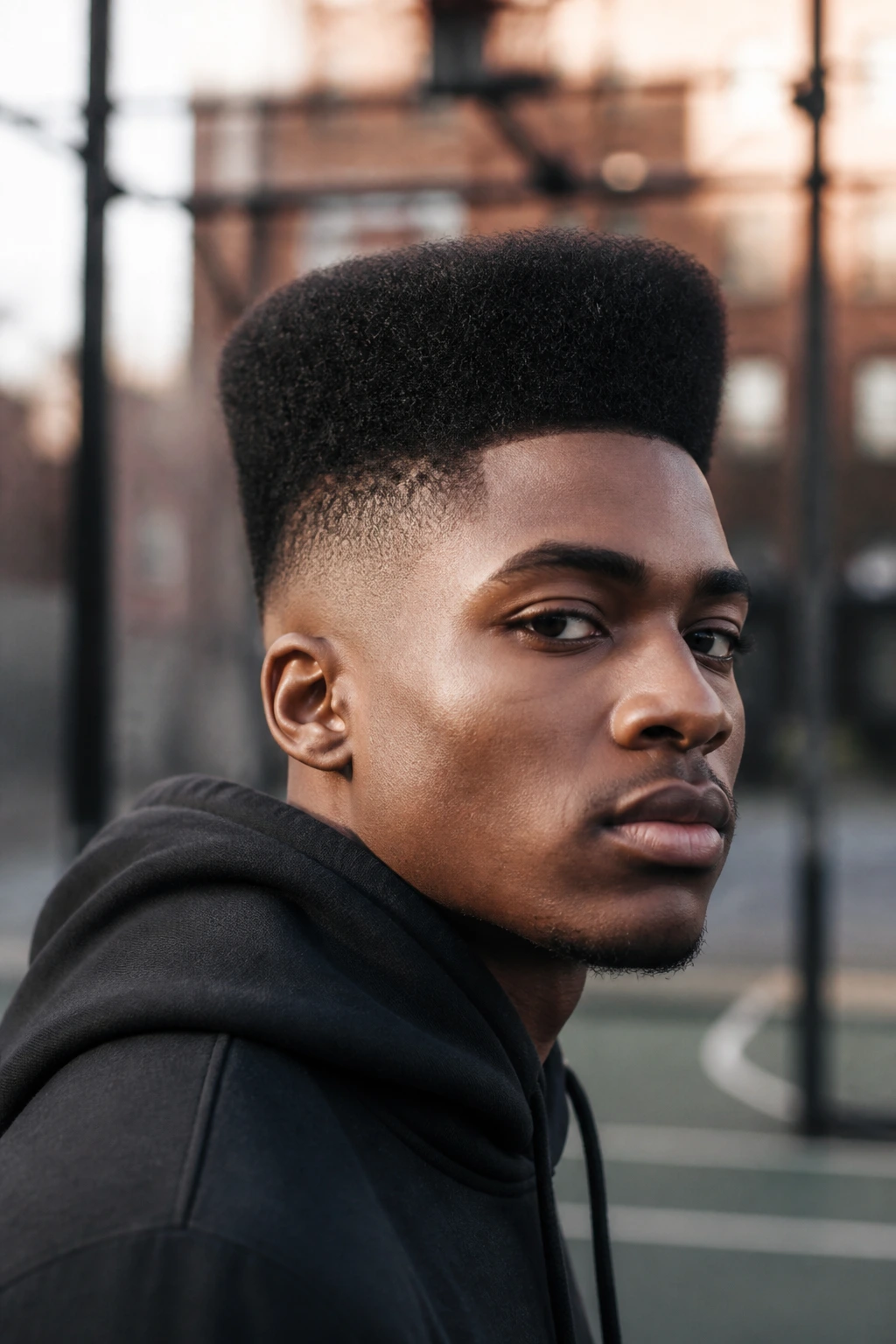 Portrait of man with High Top Fade on urban court