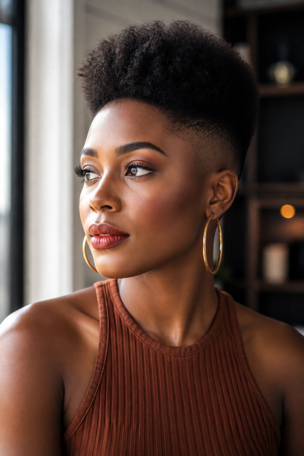 Portrait of a Black woman with high top fade, hoops, and warm makeup in soft window light.