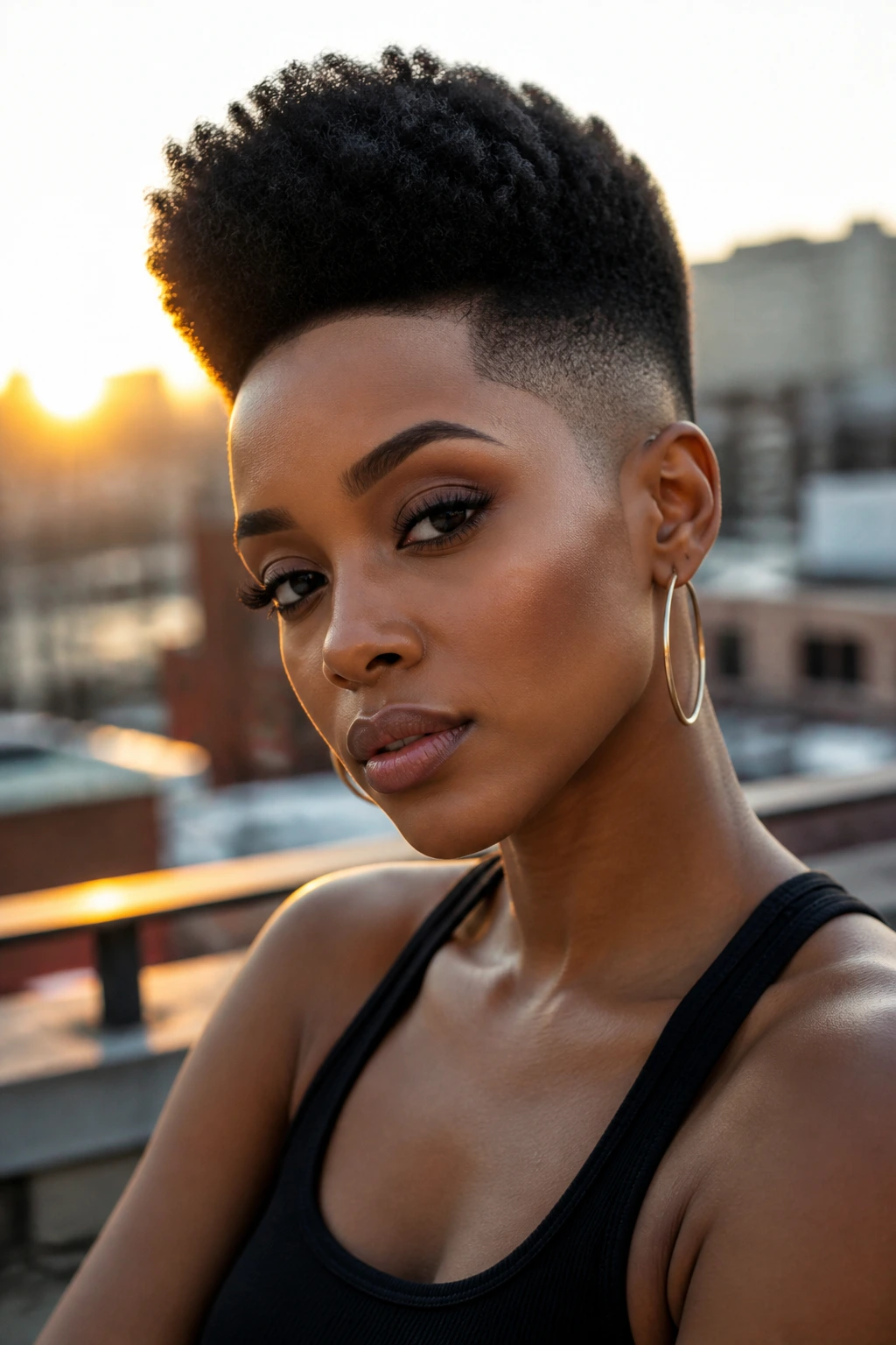 Close-up portrait of a Black woman with a high top fade on a rooftop at sunset