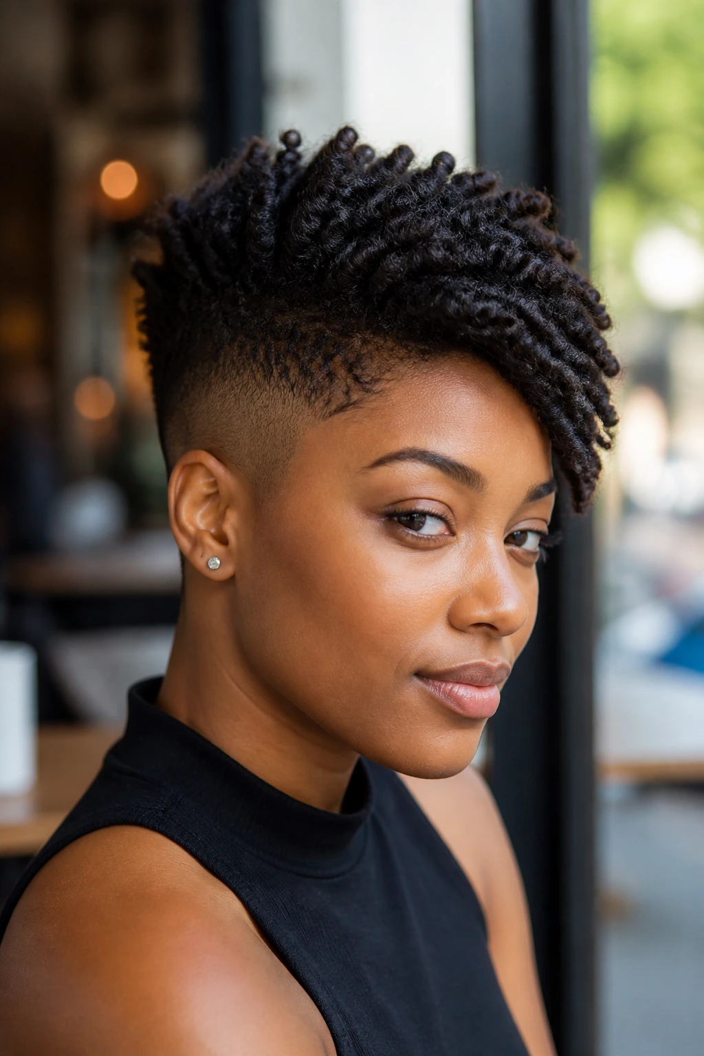 Close-up portrait of a real Black woman with a side-swept coil high top fade in a cafe setting.