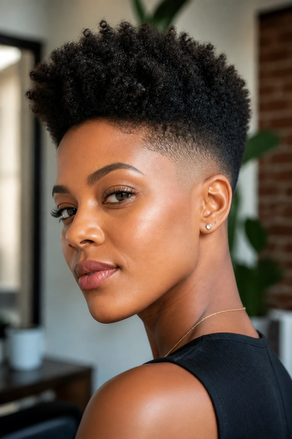 Close-up portrait explaining the high top fade silhouette on Black hair.