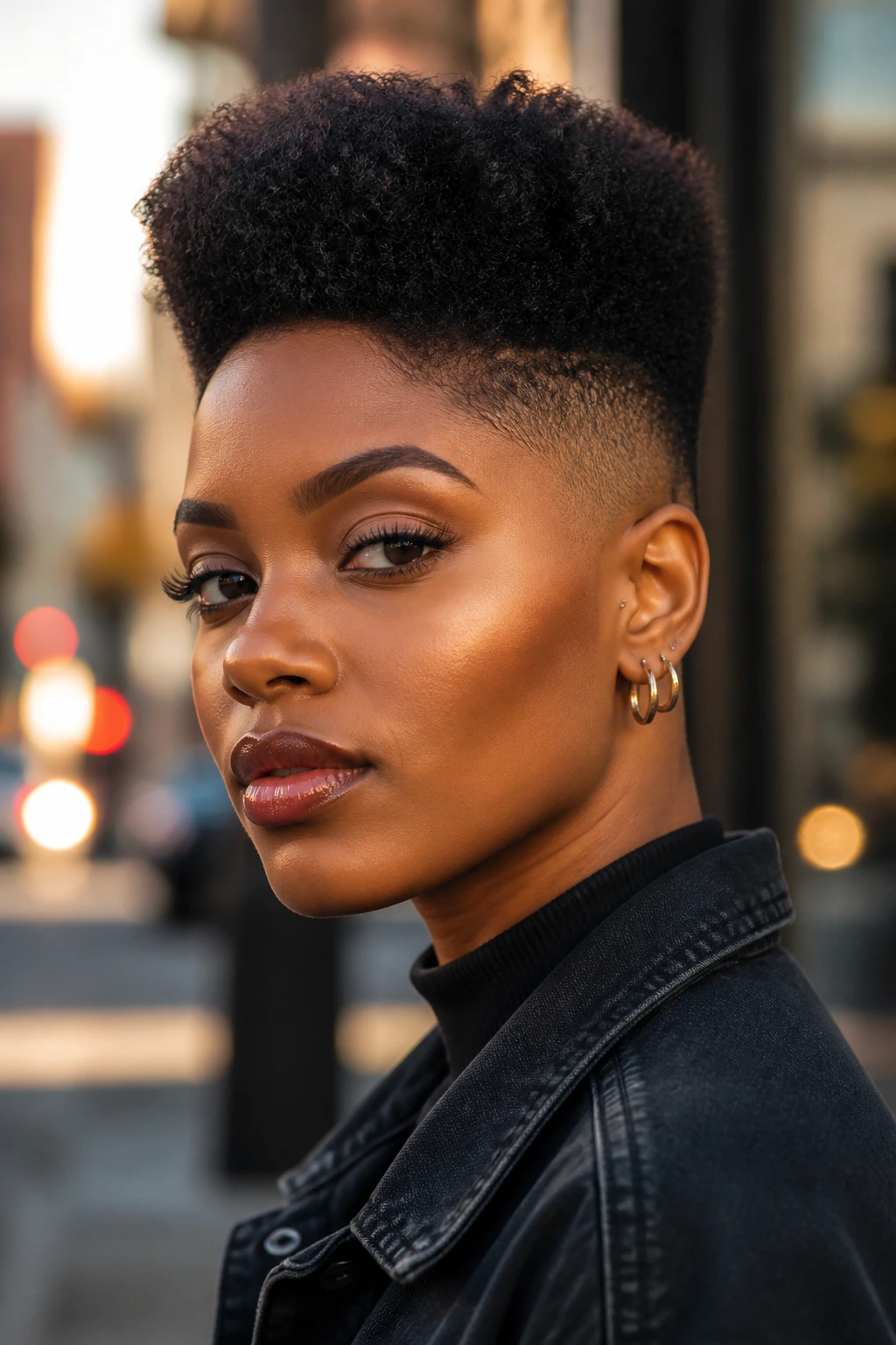Close-up portrait of a Black woman with a high top fade showing a sharp crown shape