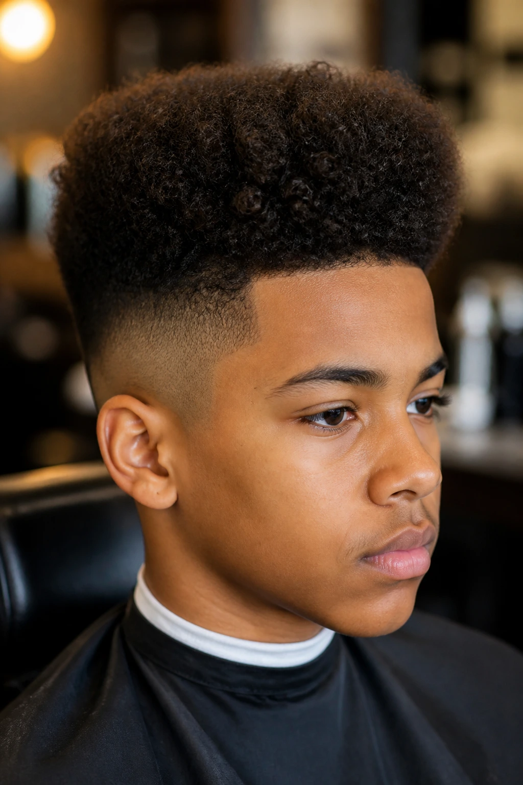 Close-up portrait of a boy with a high top fade and tight curls.