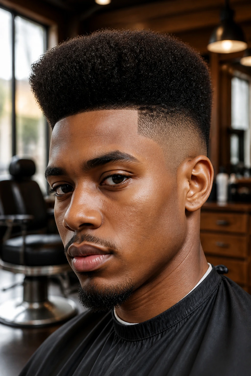 Close-up of a real person with a high-top fade and tight sides in a barber shop setting.
