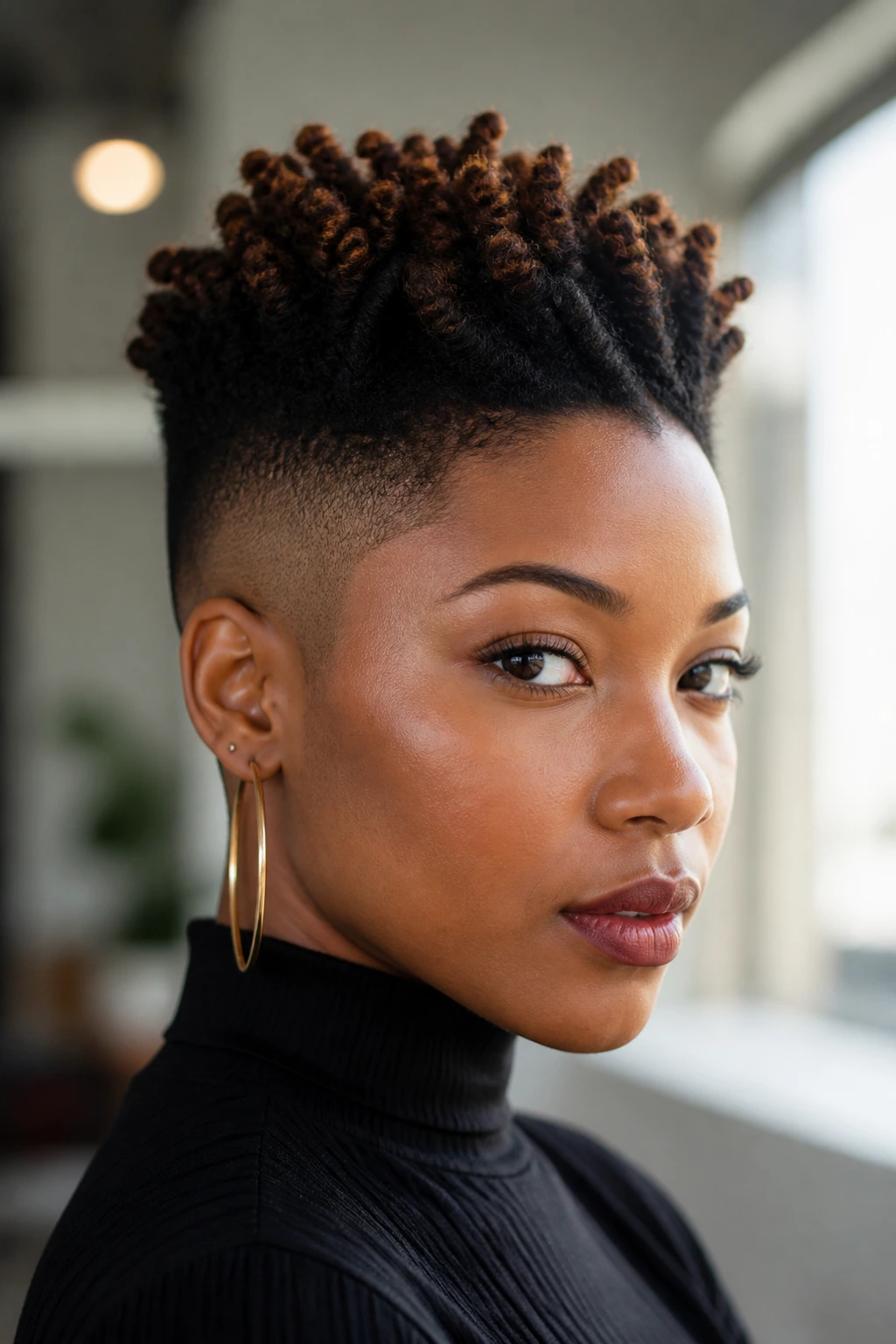 Portrait showing twists on top of a high top fade.