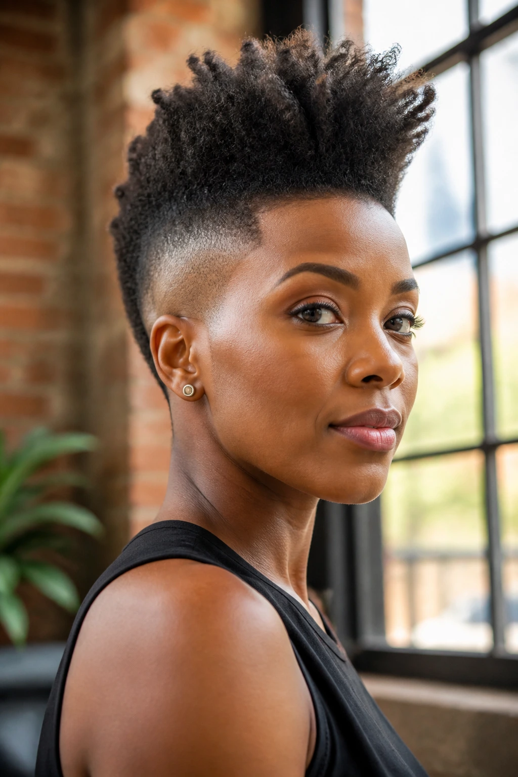 Close-up of a real Black woman with a high-top frohawk and tapered sides in soft natural light.
