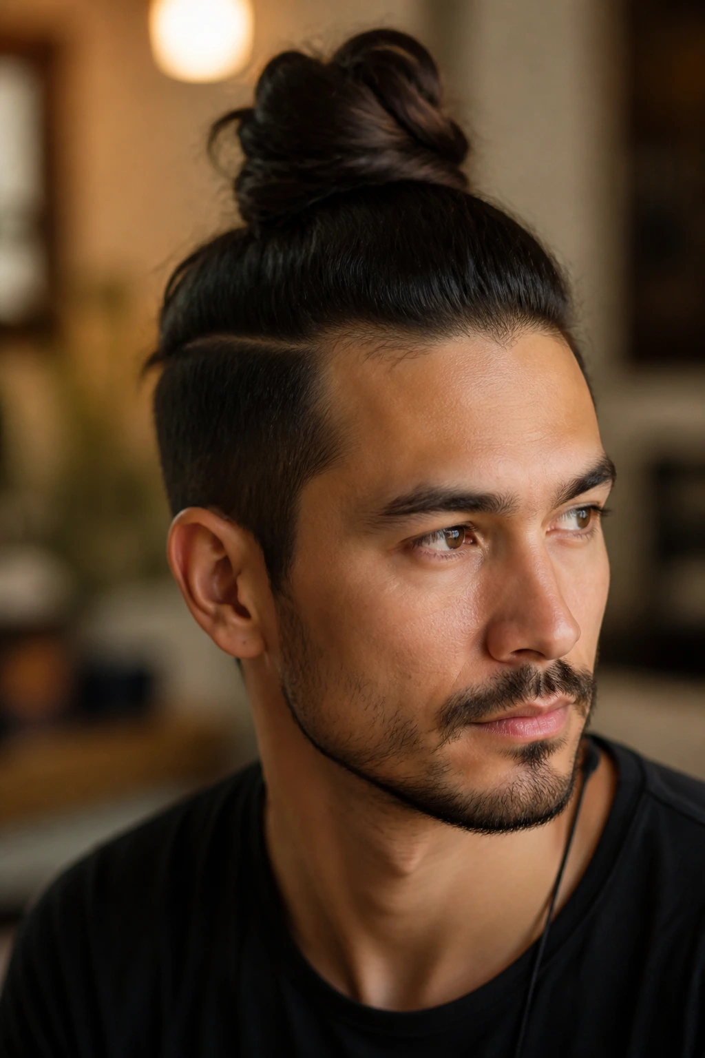 Man with high top knot hairstyle close-up portrait