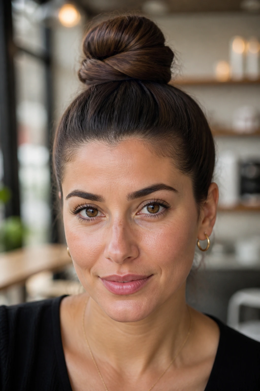 Close-up of a real person with a high top knot.