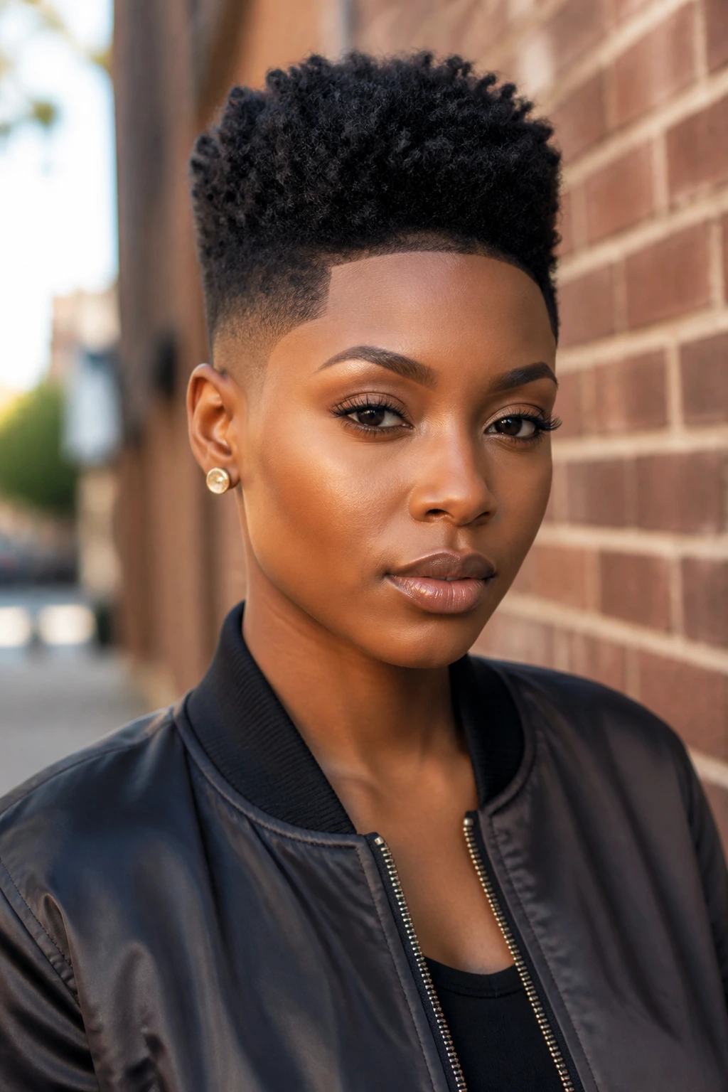 Portrait of a Black woman with a high-top pixie fade against brick wall morning light