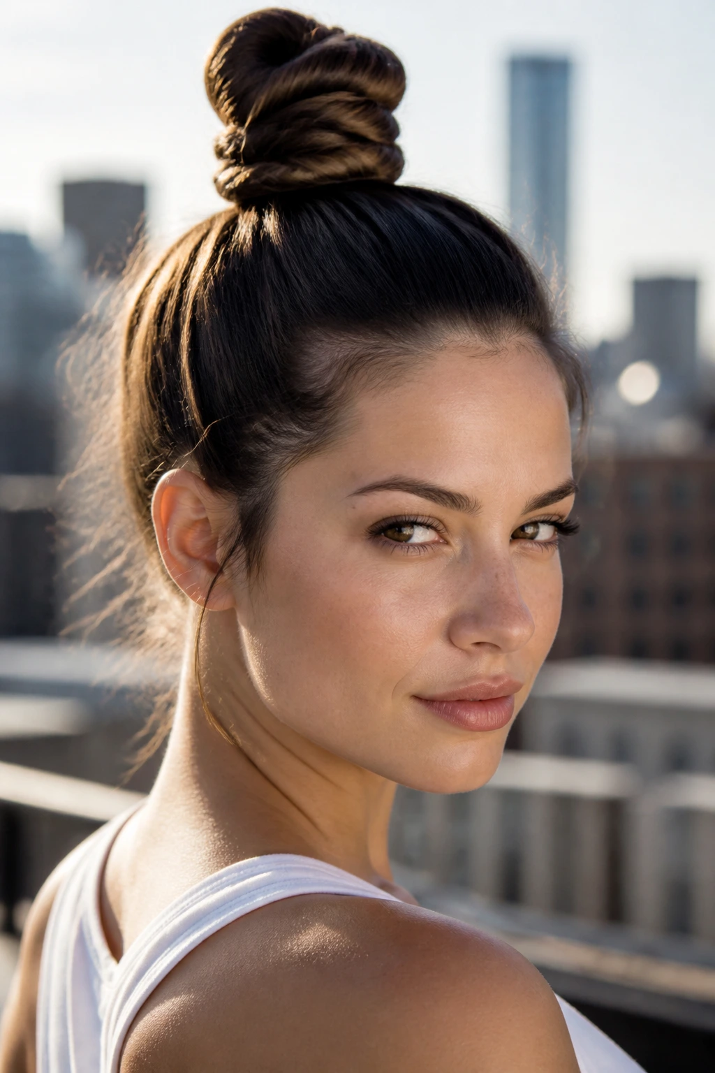 Real woman with a high topknot and wrapped base.