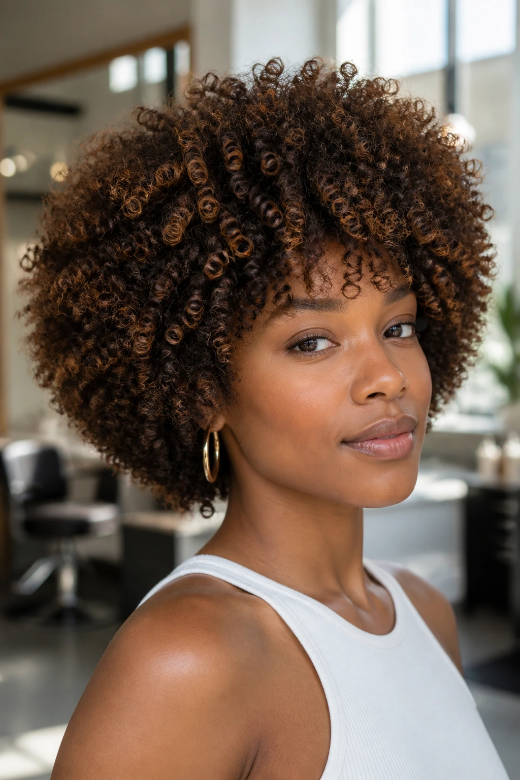 Close-up of real person with high-volume crescent cut and curved curls