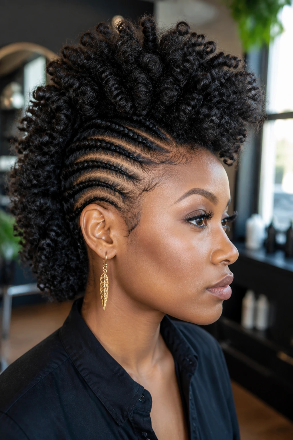 Close-up of a woman with a high-volume crochet mohawk in a stylish salon