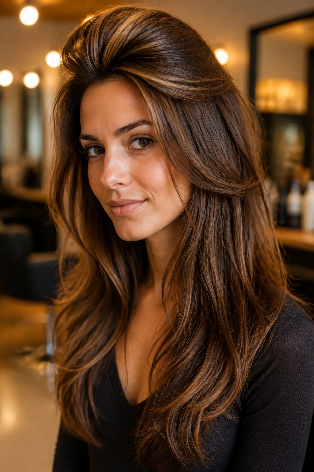 Portrait of a woman with high-volume crown layers under warm salon lighting