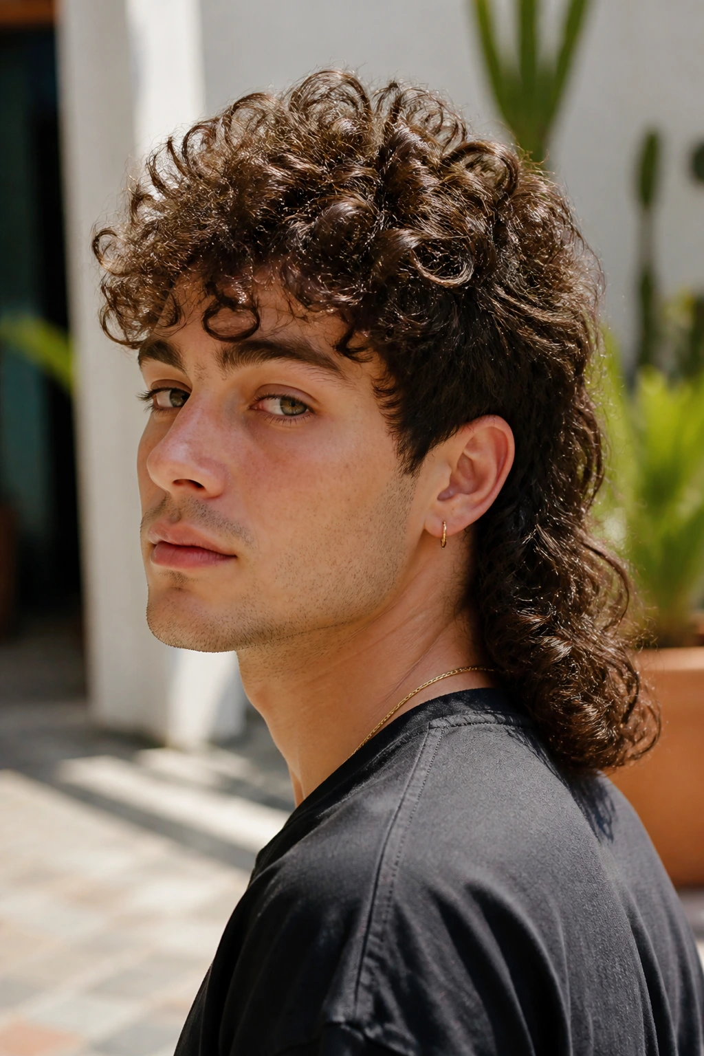 Close-up portrait of a real person with a high-volume crown curly mullet in a sunlit courtyard.