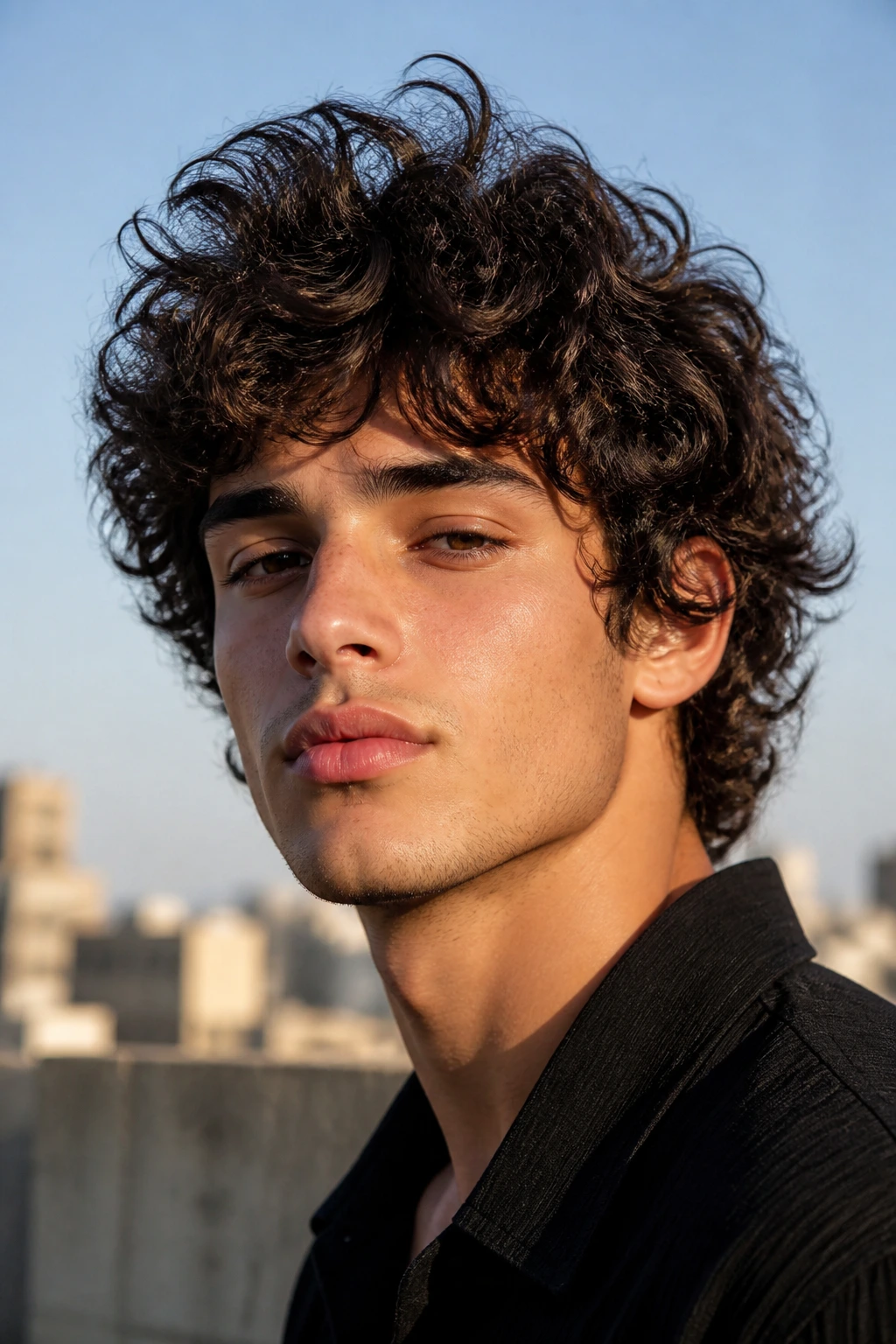 Close-up portrait of a man with a high-volume crown shag hairstyle on a rooftop.