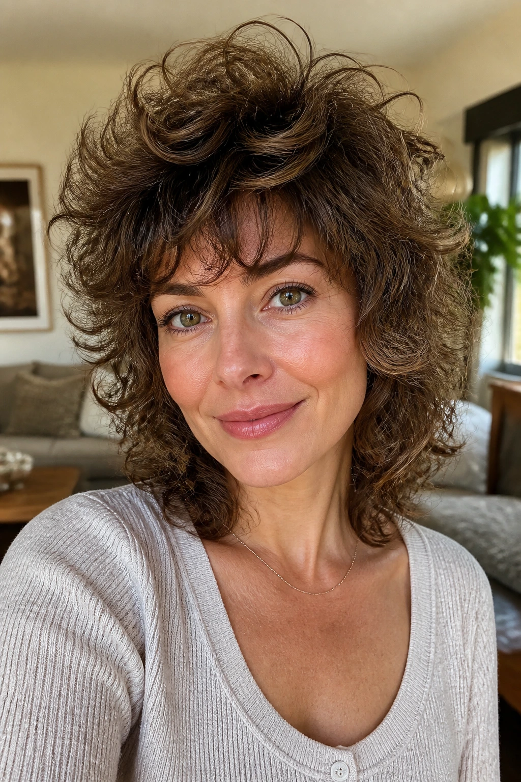 Close-up portrait of a real woman with high-volume crown shag showing lifted crown and soft sides.