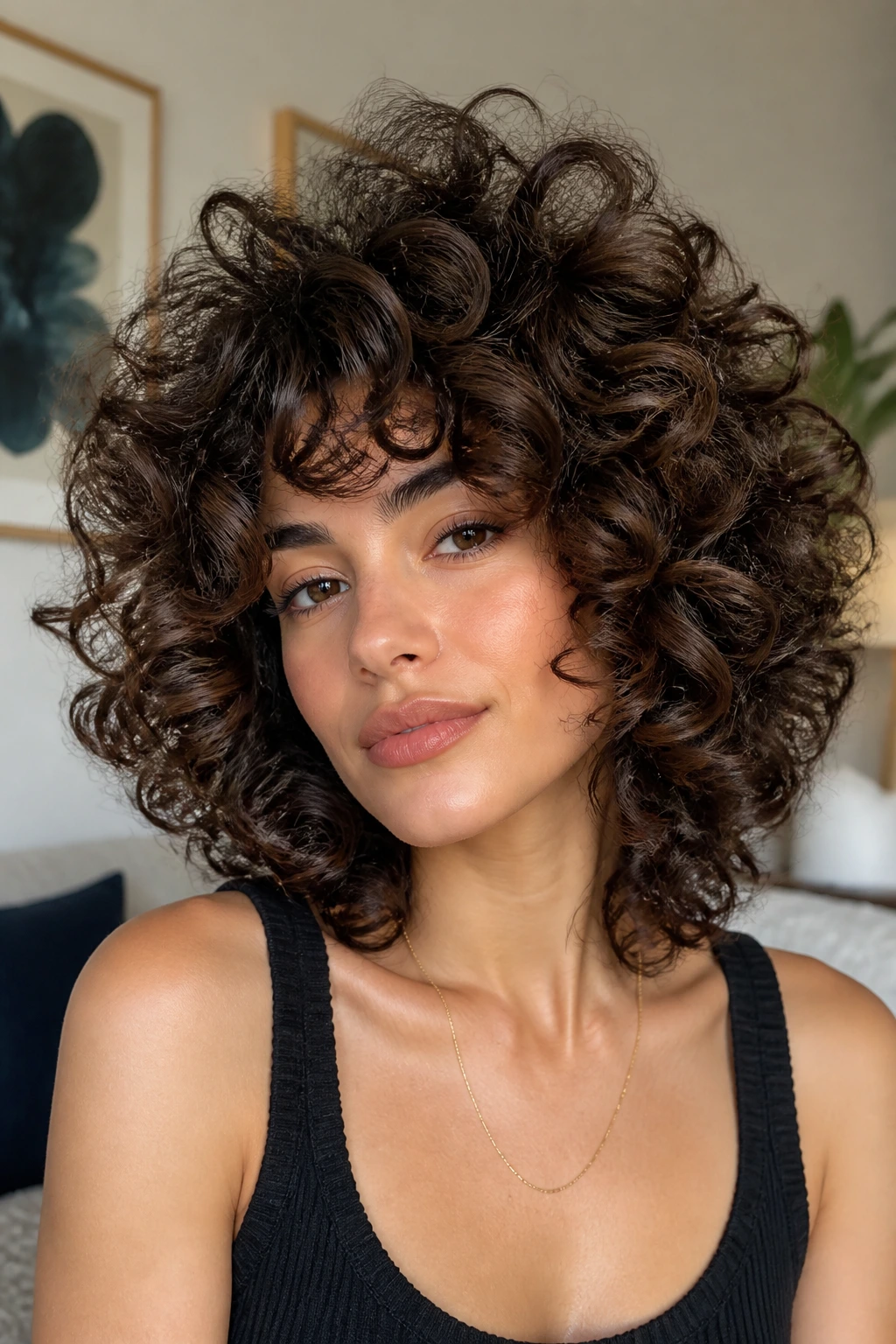 Real person with high-volume layered curls and full sides