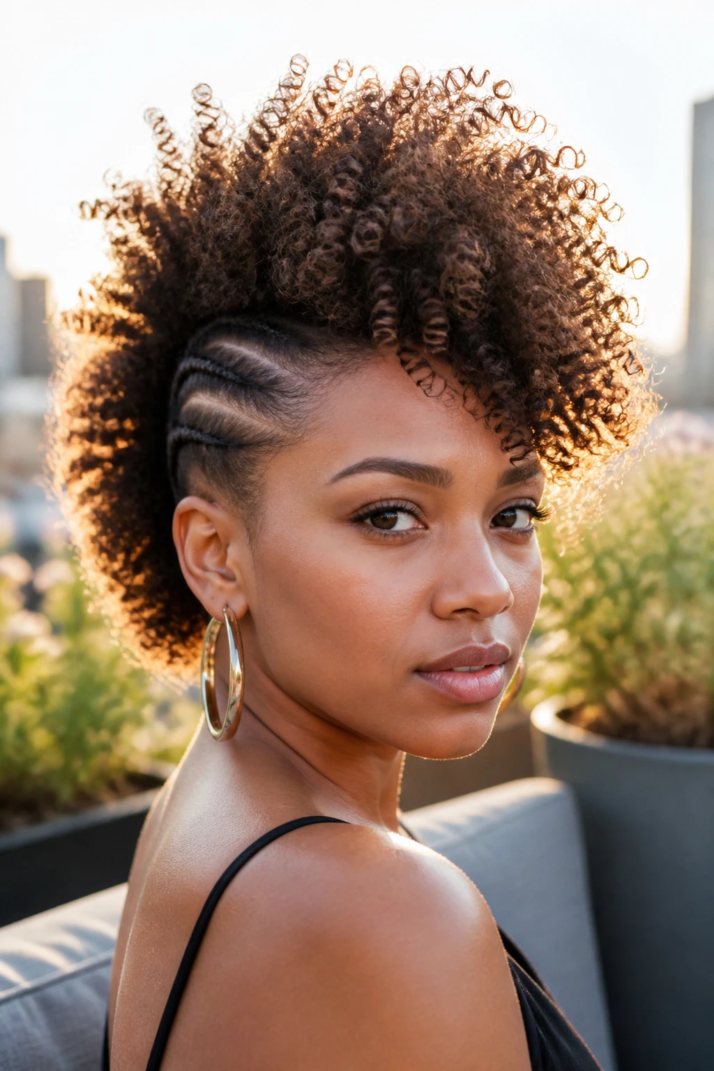 Real woman with a high volume curly frohawk with crown mass of curls