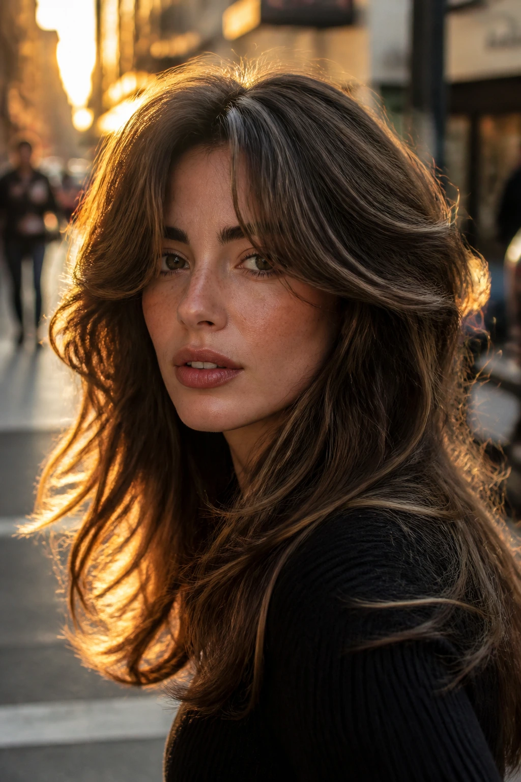 Close-up portrait of a real woman with high-volume statement curtain bangs