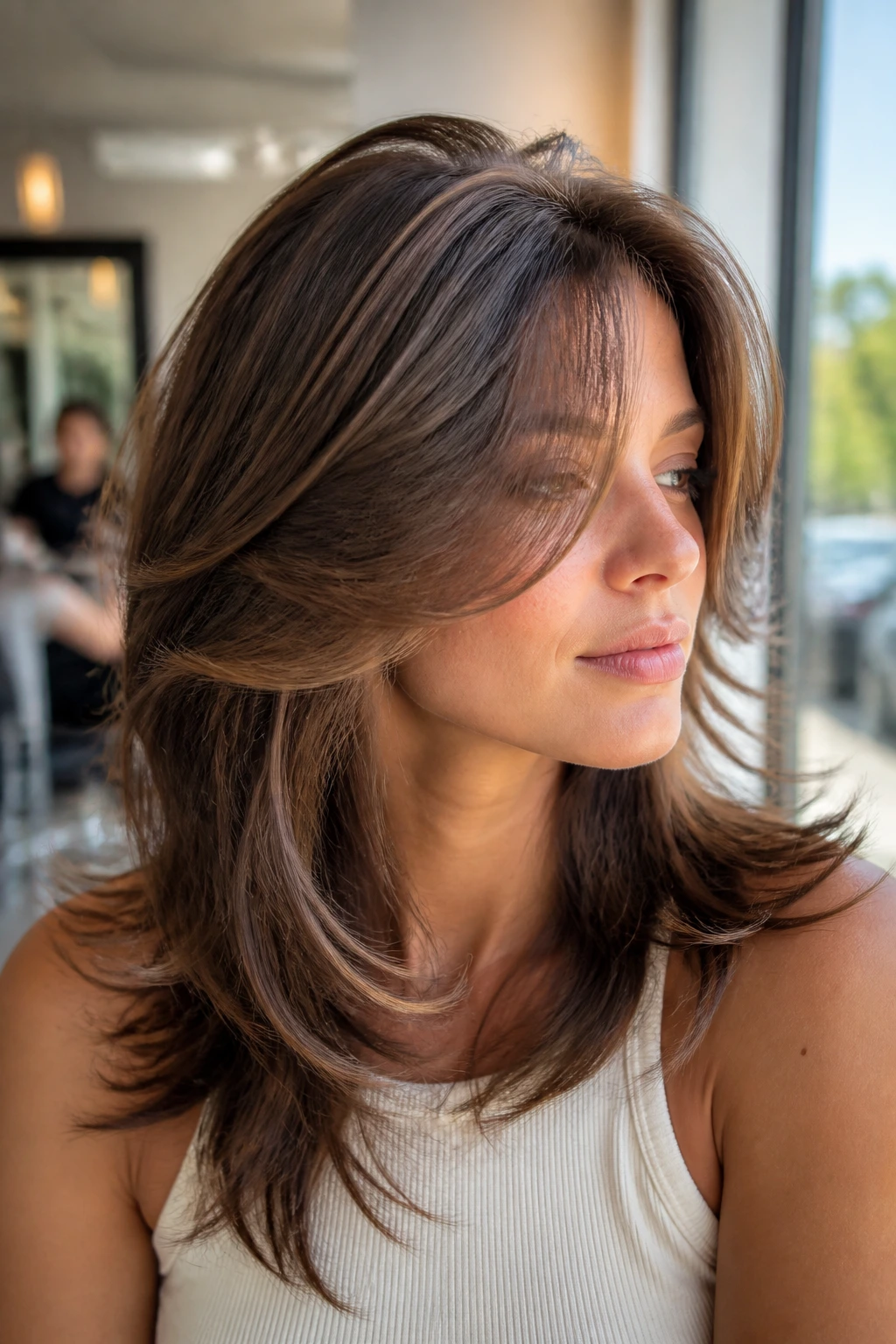 Close-up of a woman with high-volume layered hair and side-swept bangs in a sunlit salon