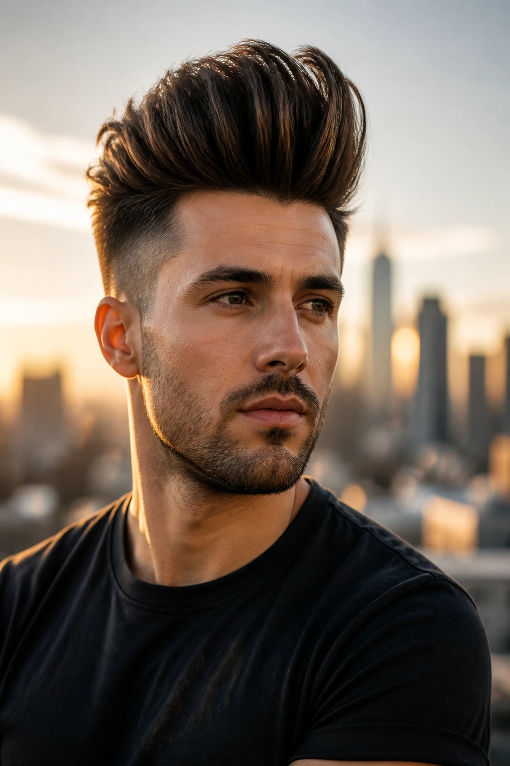 Portrait of man with high-volume quiff against city skyline