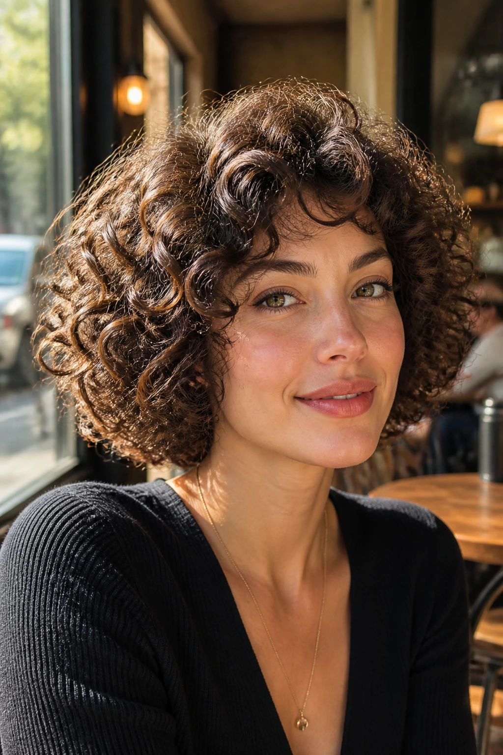 Close-up portrait of a real woman with a high-volume rounded bob