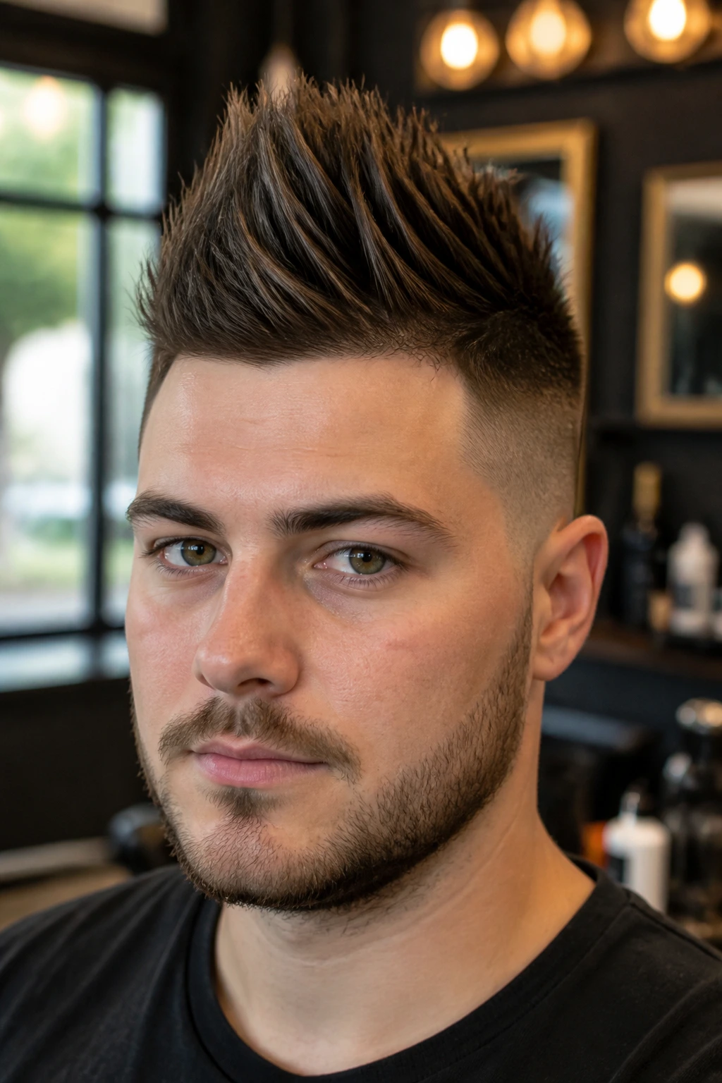 Close-up of a man with a high-volume classic spike hairstyle in a barbershop