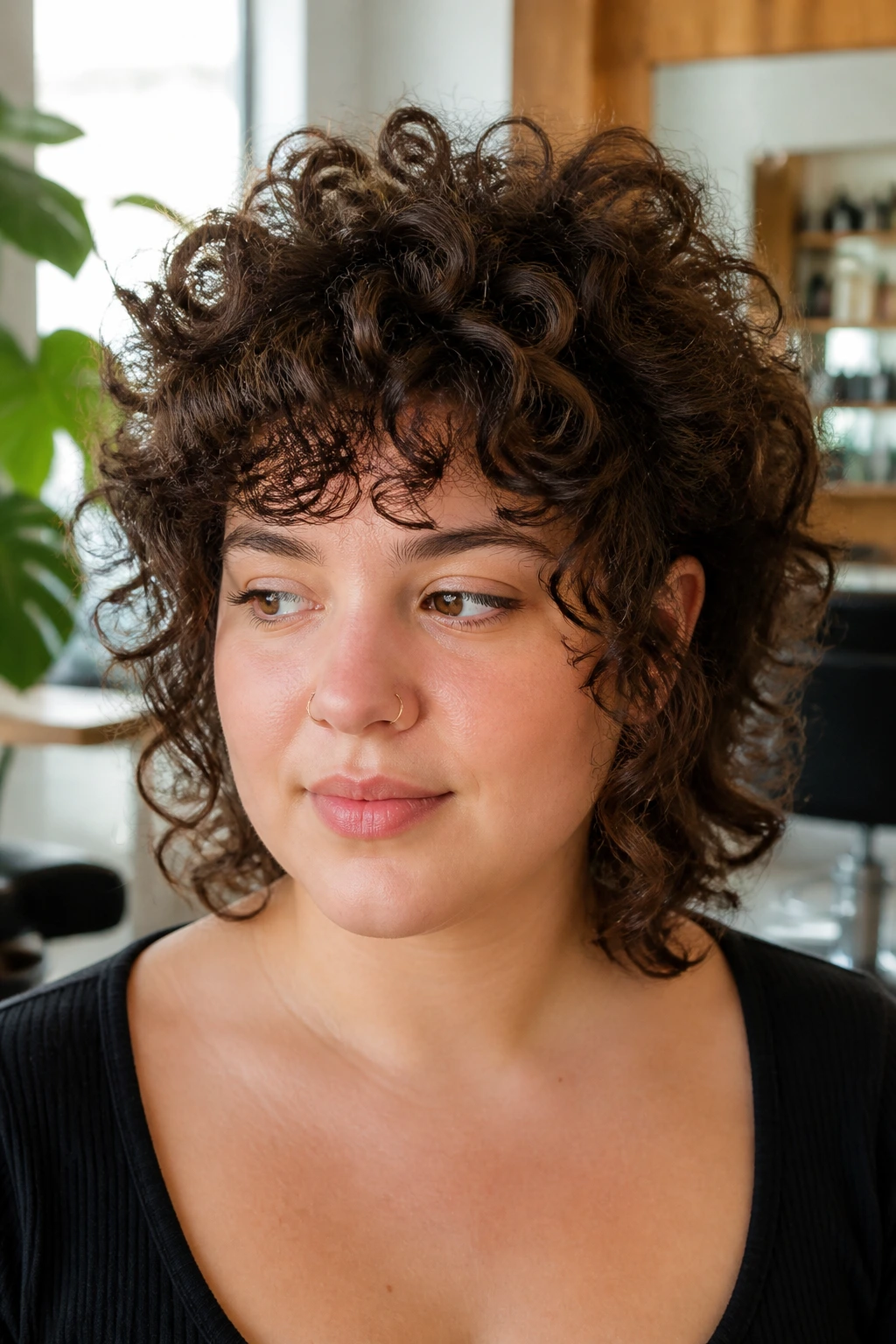 Close-up portrait of a real person with high-volume top layers and temple bangs
