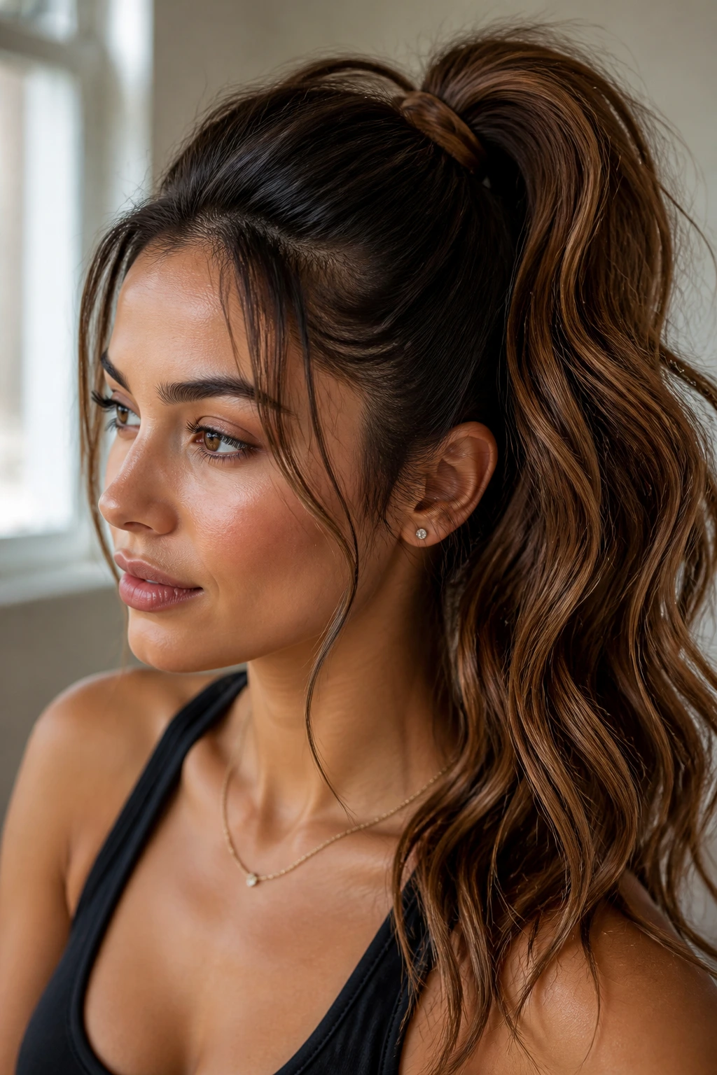 Close-up of real woman with high ponytail and wave texture.