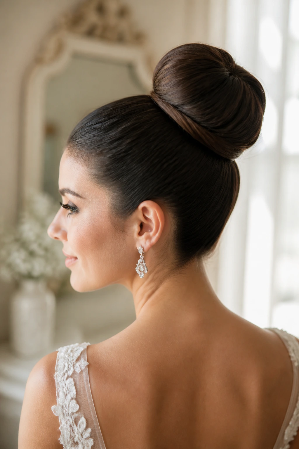 Close-up bride with high wrapped bun and clean base
