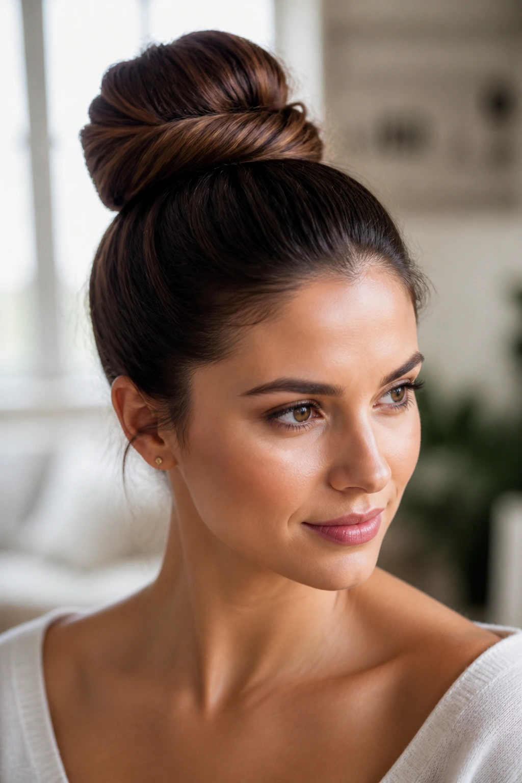 Woman with a high wrapped bun in a bright room
