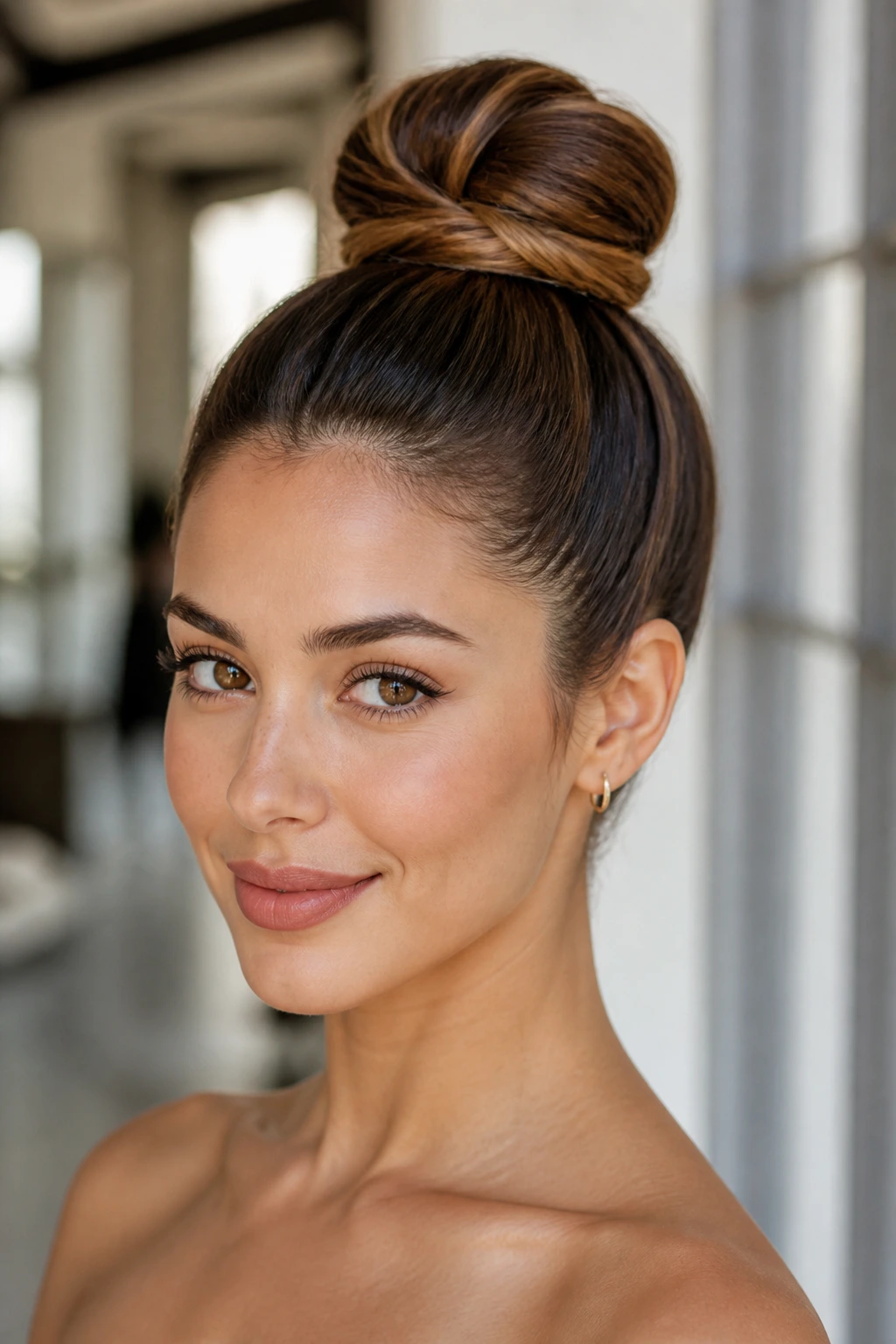 Close-up portrait of a real person with a high wrapped ponytail bun