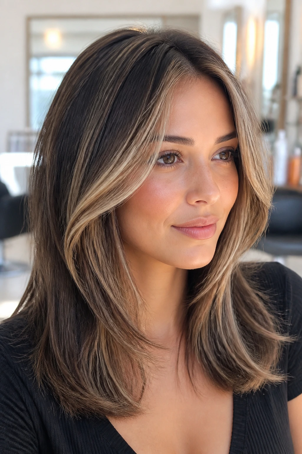 Close-up of a woman with highlight-framed curve cut and lighter front panels framing the cheeks